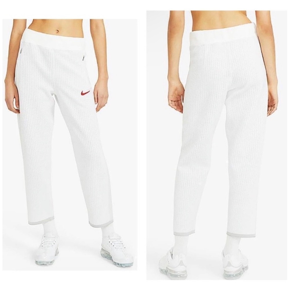 Rare Nike Sportswear Tech Pants White Textured Waffle Knit Cropped Red Swoosh